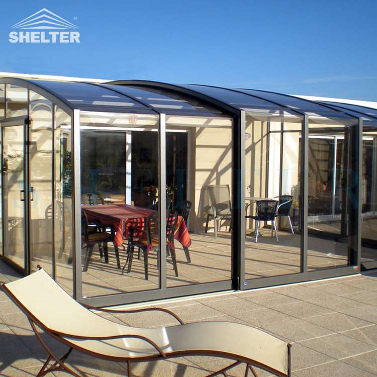 德国pc耐力板铝合金自动伸缩智能移动价格露台棚阳光房滑轨阳光房厂家