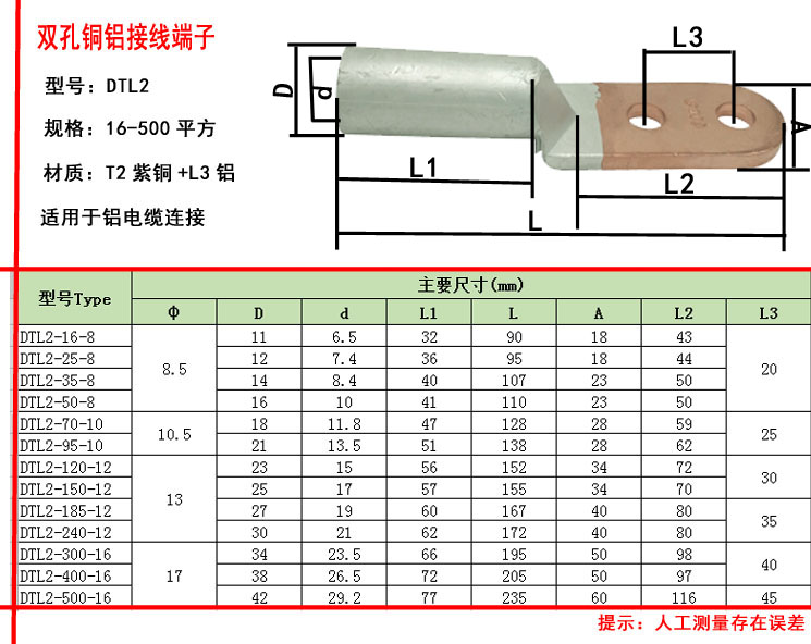 品名:dtl雙孔型銅鋁接線端子 材質:銅 鋁 型號:dtl2 用途:鋁線固定到