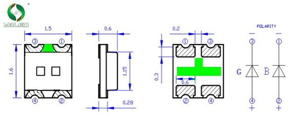 0603蓝翠绿双色led发光二极管高亮1615双色灯珠指示灯